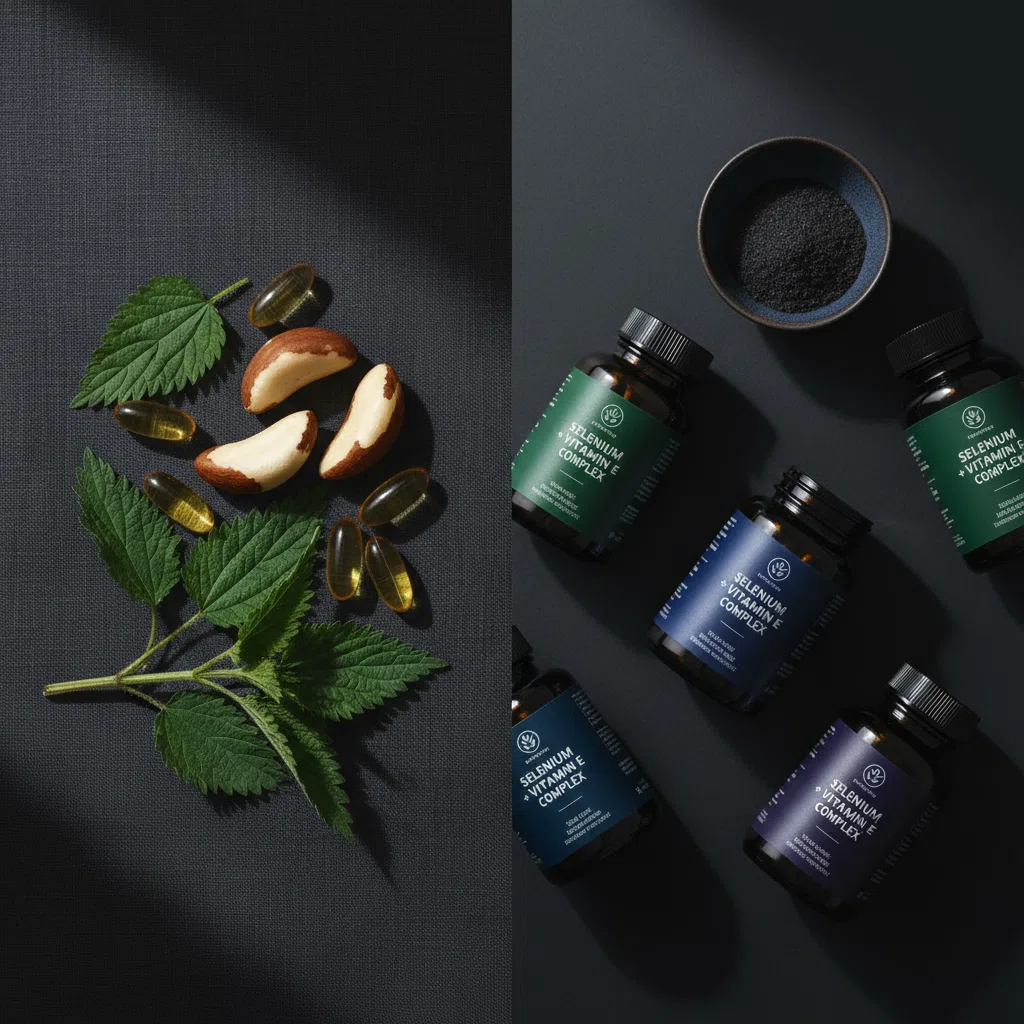 Selenium Braziliaanse noten vitamine E supplement ingrediënten op linnen achtergrond