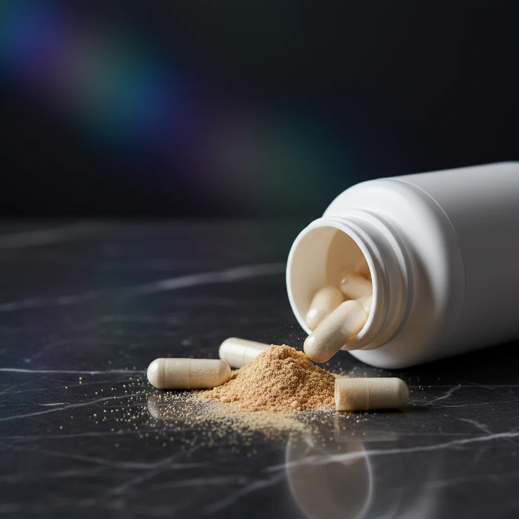 Witte supplement capsules zaagpalmextract poeder op donker marmer