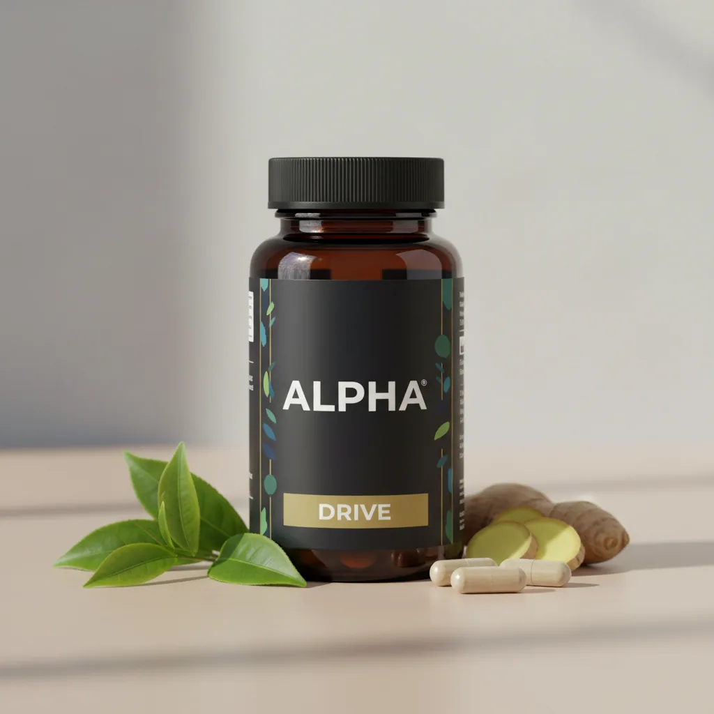 Alpha Drive voedingssupplement fles Ridgeway Wellness, witte fles met lichtblauwe accenten